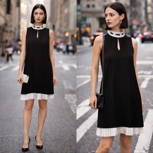 Nanette Lepore Black Keyhole Mock Neck Shift Dress Pleated Contrast Hem Sz 6💛